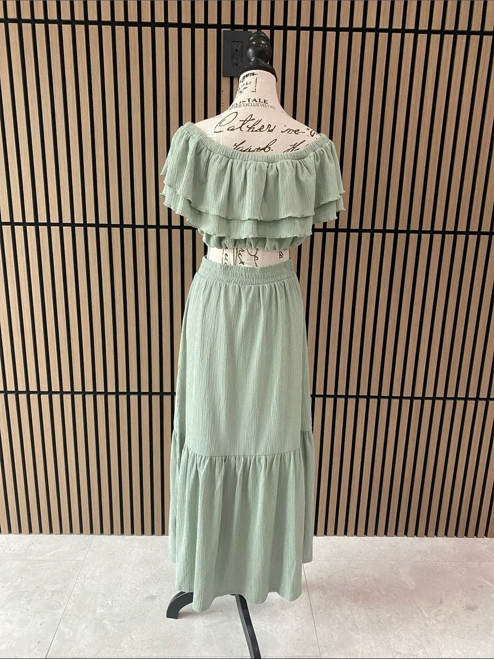 Almost Famous Sage Green Tiered Off-Shoulder Maxi Set - Picture 4 of 4